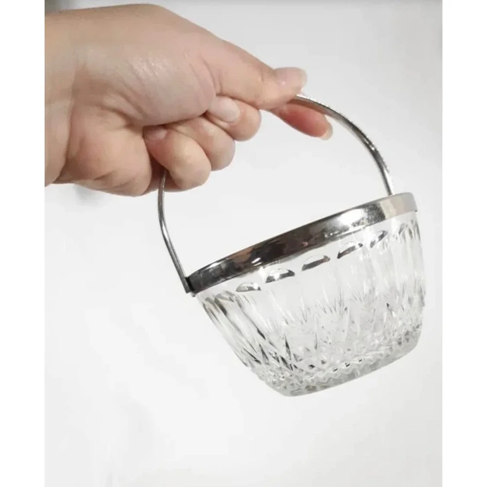 Vintage Reims France Cut Crystal Candy Dish Silver Rim Swing Handle Sugar Bucket